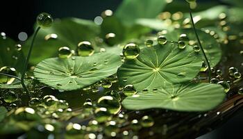 frisch Grün Pflanze im nass Teich, Natur Schönheit im Sommer- generiert durch ai foto