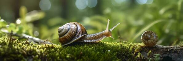 ein Reise durch das Wald. Nahansicht von ein Schnecke im das Wald mit natürlich Hintergrund. ai generativ foto