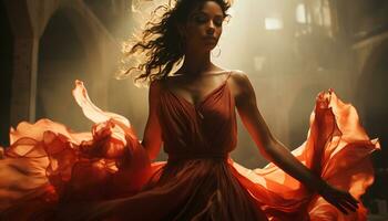 jung Frau im elegant Kleid Tanzen auf Bühne, ausstrahlen Schönheit generiert durch ai foto