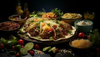 ein frisch, Gourmet Taco Schüssel mit Fleisch, Guacamole, und Gemüse generiert durch ai foto