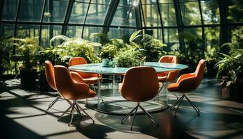 modern Büro mit Glas Fenster, Pflanzen, und hölzern Möbel generiert durch ai foto