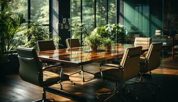 modern Büro mit ein hölzern Schreibtisch, Glas Fenster, und leeren Stuhl generiert durch ai foto