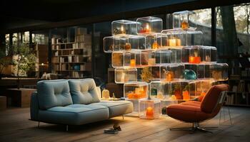 komfortabel Sofa im ein modern Leben Zimmer mit elegant Dekoration generiert durch ai foto