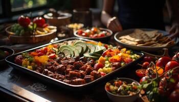 Frische auf ein Teller gesund Salat, gegrillt Gemüse, hausgemacht Gourmet generiert durch ai foto