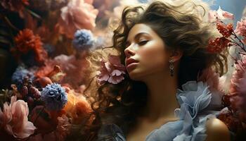 ein schön Frau mit braun Haar und ein Blume im ihr Haar generiert durch ai foto