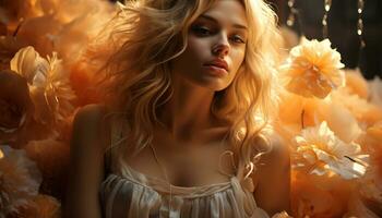 schön kaukasisch Frau mit lange blond Haar, lächelnd im Natur generiert durch ai foto