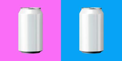 zwei Aluminium Weiß Limonade Büchsen isoliert auf ein Rosa und Blau Hintergrund. Bier können mit Kanten. generativ ai Inhalt foto