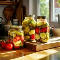 Konserven und Fermentation von Gemüse. eingelegt Gurken und Tomaten im Gläser im ein hell Küche in der Nähe von das Fenster. generativ ai Inhalt, foto