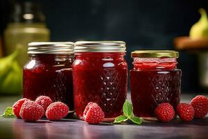 Himbeere Marmelade mit Beere auf hölzern Hintergrund. generativ ai Inhalt, foto