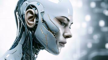 schön Gesicht von ein futuristisch Hi-Tech Cyborg Roboter Frau. verbinden Mann und Computer mit künstlich Intelligenz im das Zukunft von Menschheit foto