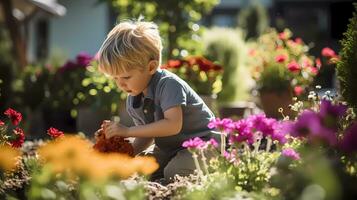 ai generativ wenig Junge Gartenarbeit mit Landschaft voll von Blumen auf warm sonnig Tag. Familie Aktivität. Gartenarbeit und Landwirtschaft Konzept foto