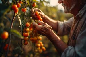 schließen oben von Farmer männlich Hände pflücken rot Kirsche Tomaten. organisch Essen, Ernte und Landwirtschaft Konzept. generiert ai. foto