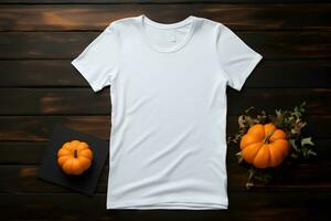 Weiß Damen T-Shirt Halloween Attrappe, Lehrmodell, Simulation mit Kürbisse und Blätter auf dunkel Hintergrund. Design t Hemd Vorlage, drucken Präsentation spotten hoch. oben Aussicht eben legen. generiert ai. foto