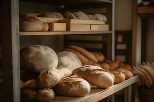 verschiedene Typen von frisch brot, Gebäck und Stangenbrot auf Regale im Bakeryon ein rustikal Tabelle im ein Brot Geschäft zum Frühstück und Nachmittag Tee. ai generiert. foto