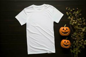 Weiß Damen T-Shirt Halloween Attrappe, Lehrmodell, Simulation mit Kürbisse und Blätter auf dunkel Hintergrund. Design t Hemd Vorlage, drucken Präsentation spotten hoch. oben Aussicht eben legen. generiert ai. foto