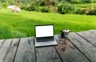 Laptop Computer leer Bildschirm auf ein hölzern Terrasse im das Hintergrund von Reis Felder foto