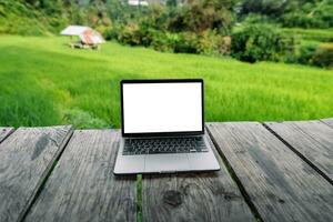 Laptop Computer leer Bildschirm auf ein hölzern Terrasse im das Hintergrund von Reis Felder foto