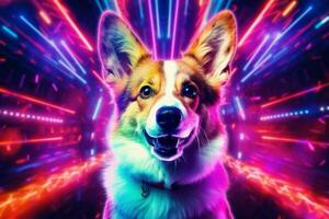 wunderlich Corgi Hund Cyberpunk Neon- Beleuchtung. generieren ai foto