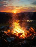 ai generativ Sonnenuntergang Über ein Lagerfeuer foto