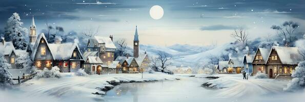 Weihnachtsmänner Schlitten Über Schnee gekleidet Dorf Aquarell Gemälde Hintergrund mit leeren Raum zum Text foto