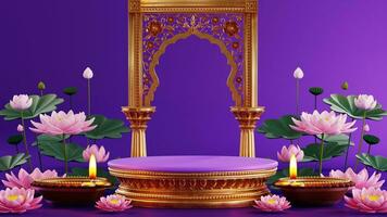 3d Rendern Podium zum Diwali Festival Diwali, Deepavali oder Dipavali das Festival von Beleuchtung Indien mit Gold Diya auf Podium, Produkt, Beförderung Verkauf, Präsentation Sockel 3d Rendern auf Hintergrund foto