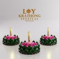 3d Rendern Illustration loy Krathong Festival und yi peng Festival im Thailand Krathong von Banane Blätter, Blumen, Kerzen und Weihrauch Stöcke, Vollmond, Fluss, und Nacht Hintergrund Farbe. foto