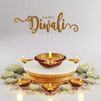 3d Rendern zum Diwali Festival Diwali, Deepavali oder Dipavali das Festival von Beleuchtung Indien mit Gold Diya gemustert auf Farbe Hintergrund. foto