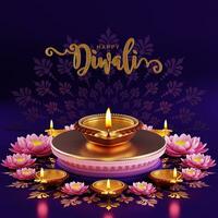 3d Rendern zum Diwali Festival Diwali, Deepavali oder Dipavali das Festival von Beleuchtung Indien mit Gold Diya gemustert auf Farbe Hintergrund. foto