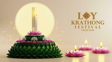 3d Rendern Illustration loy Krathong Festival und yi peng Festival im Thailand Krathong von Banane Blätter, Blumen, Kerzen und Weihrauch Stöcke, Vollmond, Fluss, und Nacht Hintergrund Farbe. foto