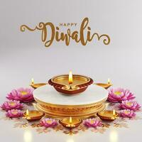 3d Rendern zum Diwali Festival Diwali, Deepavali oder Dipavali das Festival von Beleuchtung Indien mit Gold Diya gemustert auf Farbe Hintergrund. foto