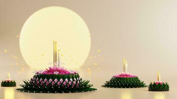 3d Rendern Illustration loy Krathong Festival und yi peng Festival im Thailand Krathong von Banane Blätter, Blumen, Kerzen und Weihrauch Stöcke, Vollmond, Fluss, und Nacht Hintergrund Farbe. foto