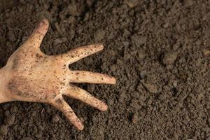 Hand hält schwarzen Boden für den Anbau von Pflanzen Weltbodentag Konzept