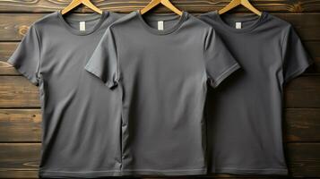 Foto grau T-Shirts mit Kopieren Raum Attrappe, Lehrmodell, Simulation generativ ai