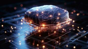 Mensch Gehirn im Digital Technologie Konzept mit Schaltkreis Tafel generativ ai foto
