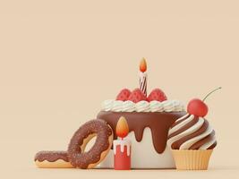 Geburtstag Kuchen zum Feier Party, Kerze, Tasse Kuchen, Krapfen, glücklich Geburtstag, 3d Illustration foto