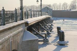 Winterlandschaft, Blick auf die Haseninsel und die Ioannovsky-Brücke im Nebel foto