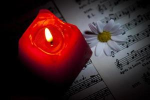 Blumengänseblümchen Musiknoten und Kerze foto