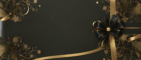 ein elegant Weihnachten Schöne Grüße Banner mit golden Strudel Bänder anmutig Wicklung um leuchtenden Sterne auf ein Reich schwarz Hintergrund foto