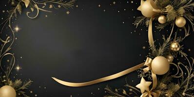 ein elegant Weihnachten Schöne Grüße Banner mit golden Strudel Bänder anmutig Wicklung um leuchtenden Sterne auf ein Reich schwarz Hintergrund foto