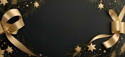 ein elegant Weihnachten Schöne Grüße Banner mit golden Strudel Bänder anmutig Wicklung um leuchtenden Sterne auf ein Reich schwarz Hintergrund foto