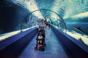 glückliche Familie im Unterwasseraquarium foto