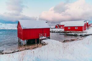 traditionelle norwegische Fischerhütten und Boote foto