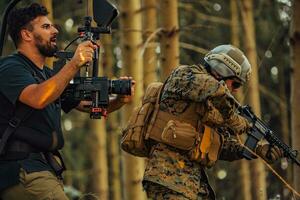 Videograf mit Fachmann Film Video Kamera kardanisch stabilisierend Ausrüstung nehmen Aktion schießen von Soldaten im Aktion im Wald foto