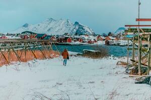 traditionelle norwegische Fischerhütten und Boote foto