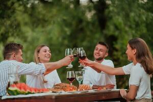 Gruppe von glücklich freunde Toasten rot Wein Glas während haben Picknick Französisch Abendessen Party draussen während Sommer- Urlaub Ferien in der Nähe von das Fluss beim schön Natur foto