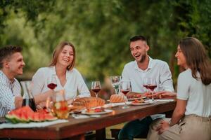 Gruppe von glücklich freunde haben Picknick Französisch Abendessen Party draussen während Sommer- Urlaub Ferien in der Nähe von das Fluss beim schön Natur foto