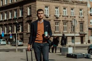 zum Flughafenterminal gehen. Selbstbewusster Geschäftsmann, der auf den Straßen der Stadt spazieren geht und seinen Koffer zieht, Kaffee trinkt und auf dem Smartphone spricht foto
