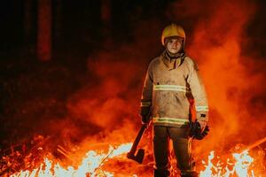 Feuerwehrmann beim Arbeit. Feuerwehrmann im gefährlich Wald Bereiche umgeben durch stark Feuer. Konzept von das Arbeit von das Feuer Bedienung foto