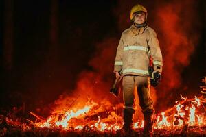 Feuerwehrmann beim Arbeit. Feuerwehrmann im gefährlich Wald Bereiche umgeben durch stark Feuer. Konzept von das Arbeit von das Feuer Bedienung foto