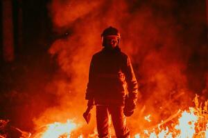 Feuerwehrmann beim Arbeit. Feuerwehrmann im gefährlich Wald Bereiche umgeben durch stark Feuer. Konzept von das Arbeit von das Feuer Bedienung foto